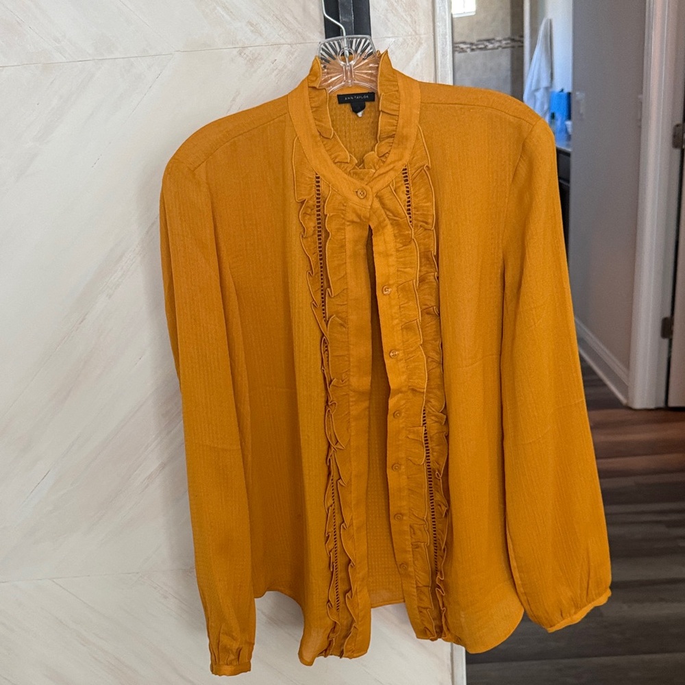 NWOT Ruffle Front Long-Sleeve Blouse - Mustard